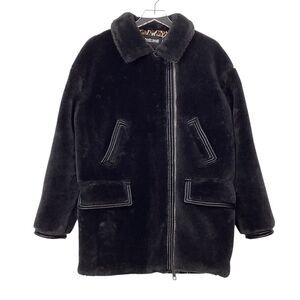 JUST CAVALLI Size 42 Faux Fur Coat Dark Gray Black Teddy Coat Faux Leather Trim